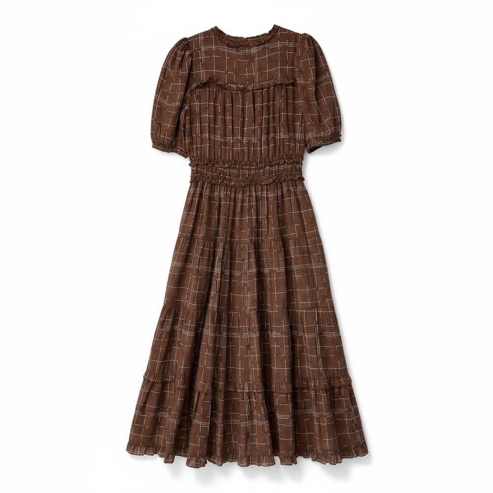By The River Woman's Brown Plaid Dress with ruffles. Tiered Sz M Boho Cottage